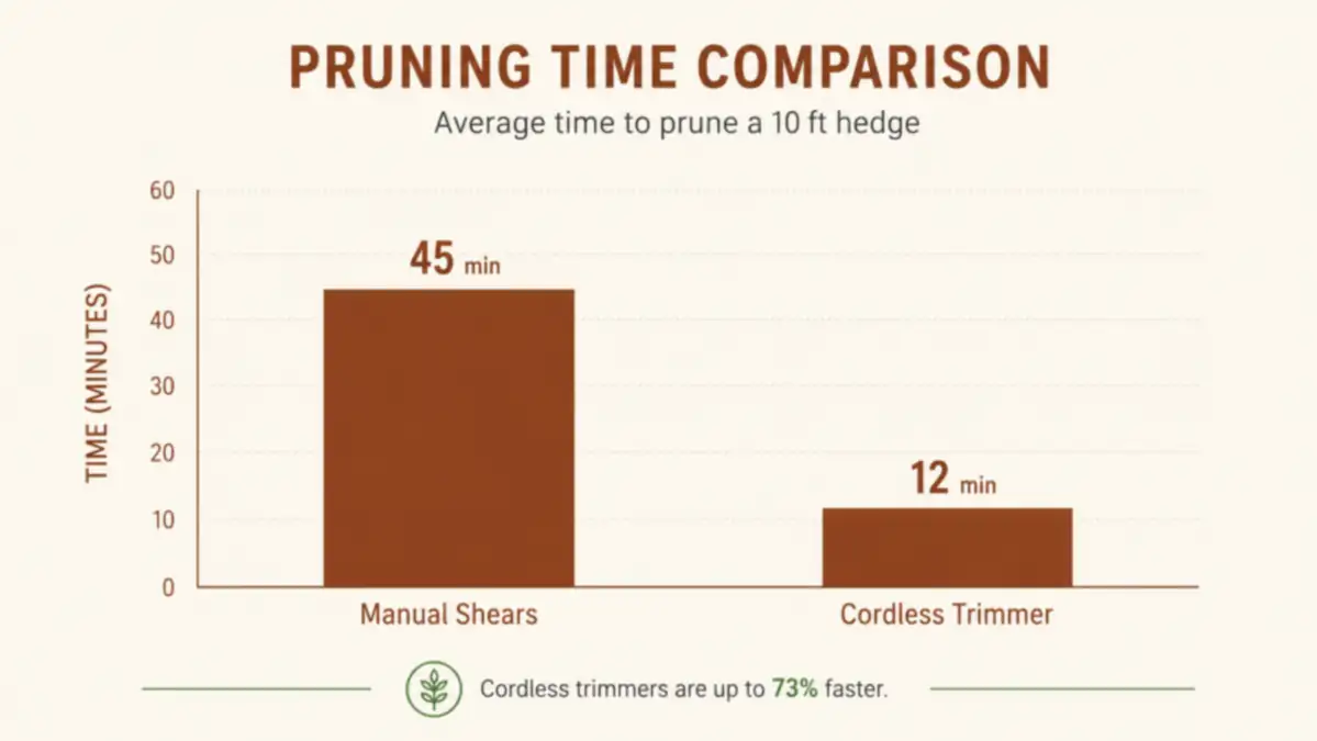 Bar chart comparing time to trim a 20 foot hedge with manual shears versus a cordless hedge trimmer