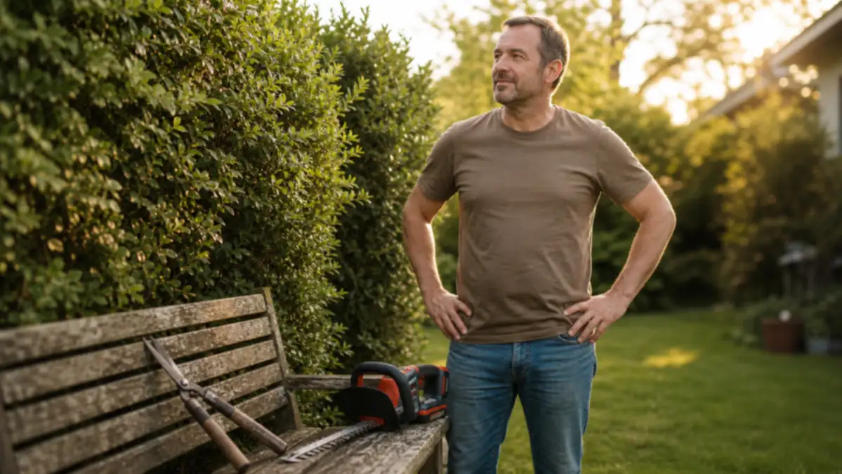 Older gardener resting a hand shear tool on a bench, looking at sore palm, next to a cordless trimmer