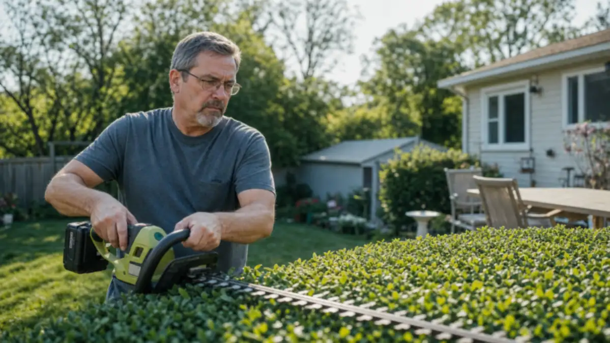Homeowner trimming a long boxwood hedge with a cordless hedge trimmer in early morning light