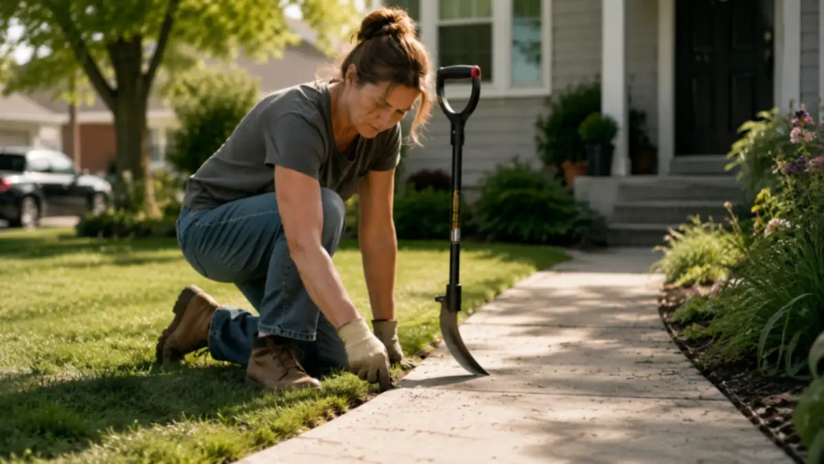 Manual half-moon lawn edger driven into the grass along a straight walkway border