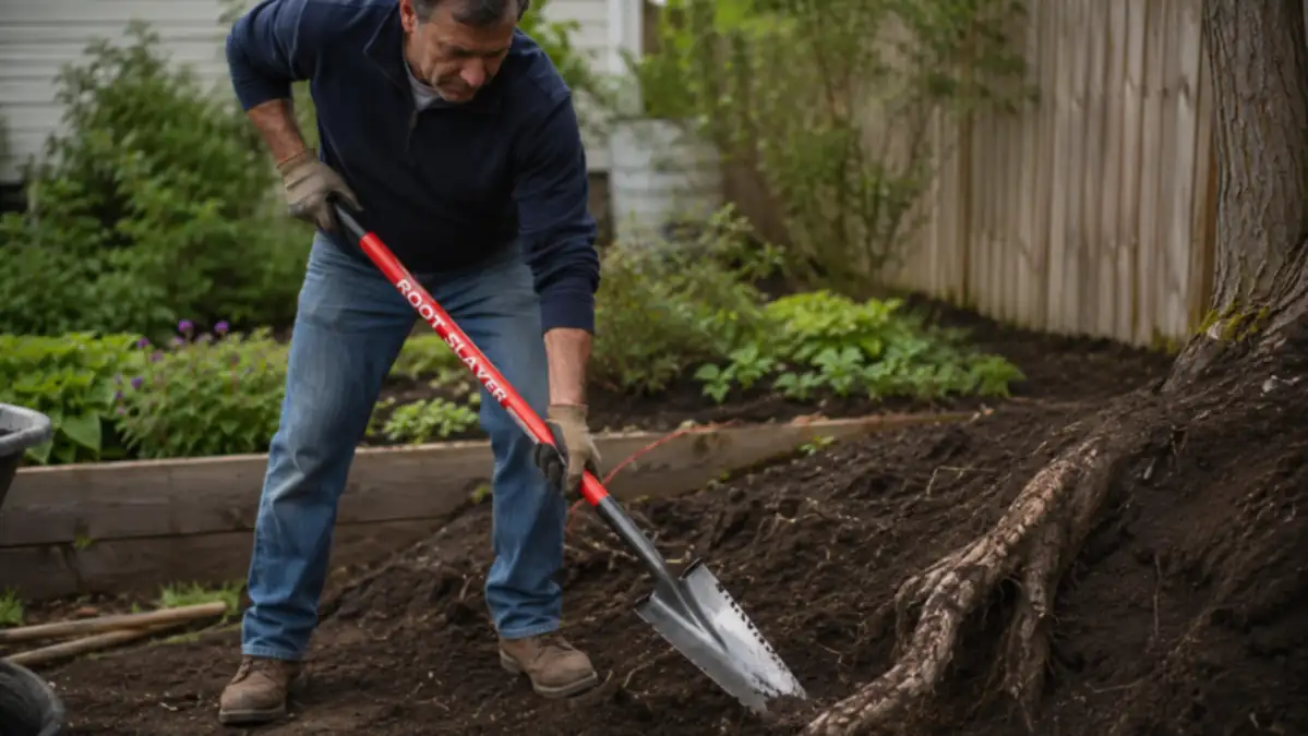Serrated garden shovel blade wedged against a thick tree root in freshly dug clay soil