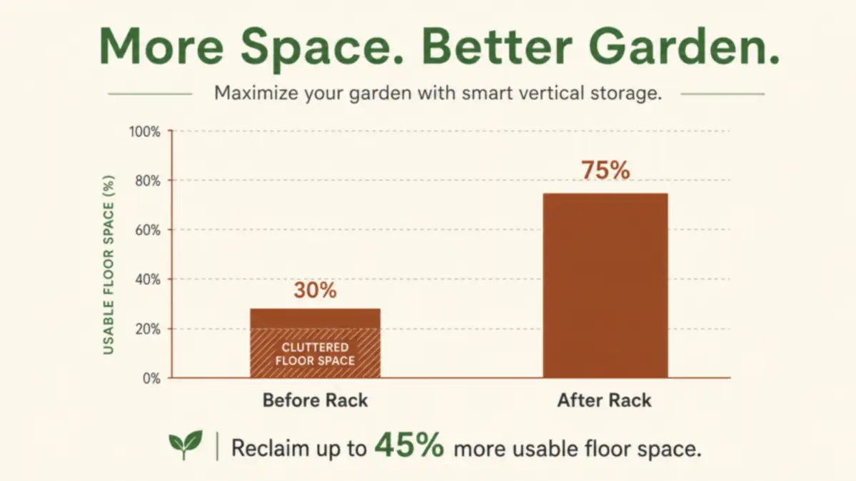 Bar chart comparing usable floor space in a small shed before and after installing a wall-mount tool rack