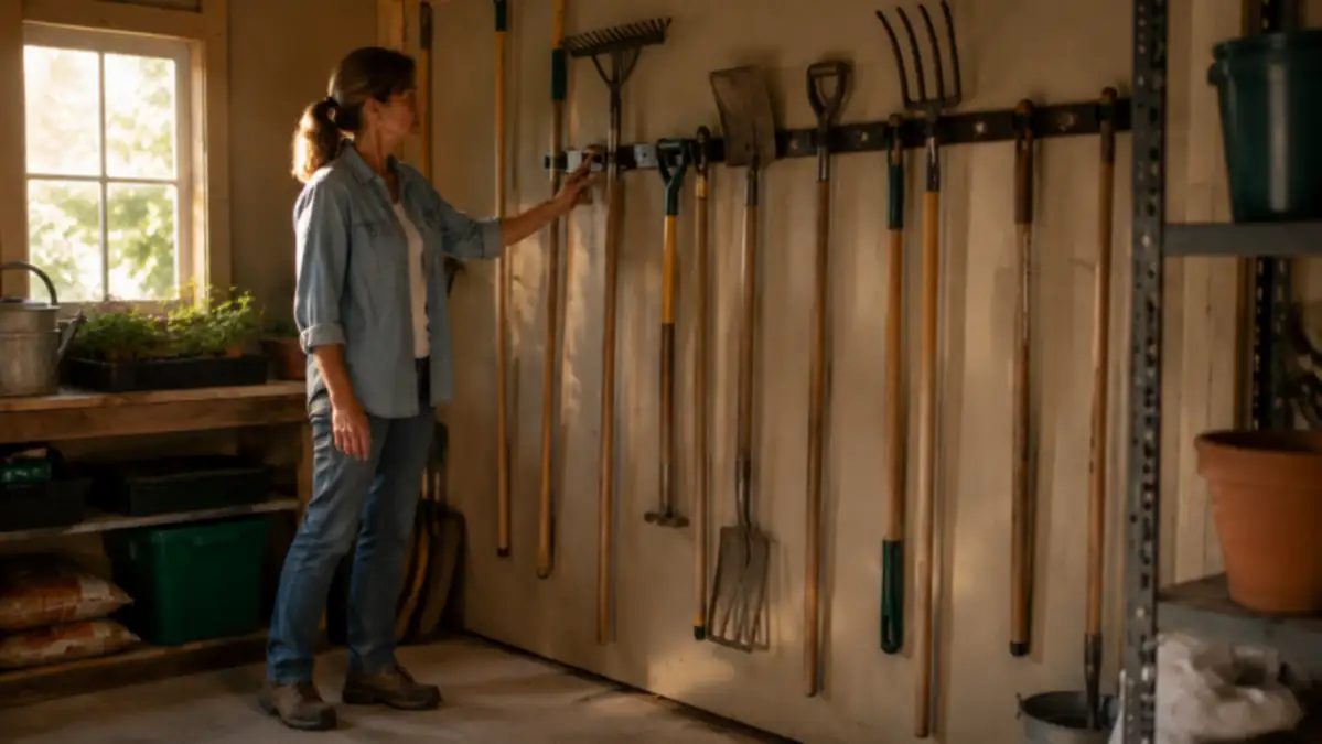 Small backyard shed interior with garden tools hung neatly on a wall-mount tool rack