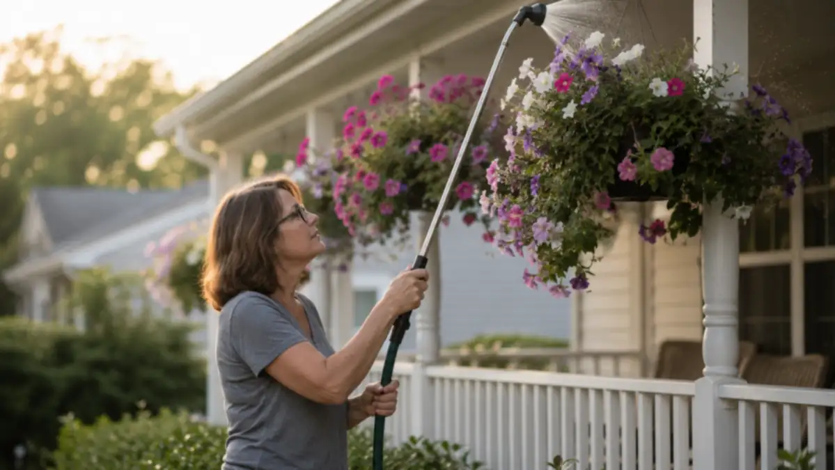 A homeowner watering a row of hanging baskets on a porch using a long stainless watering wand