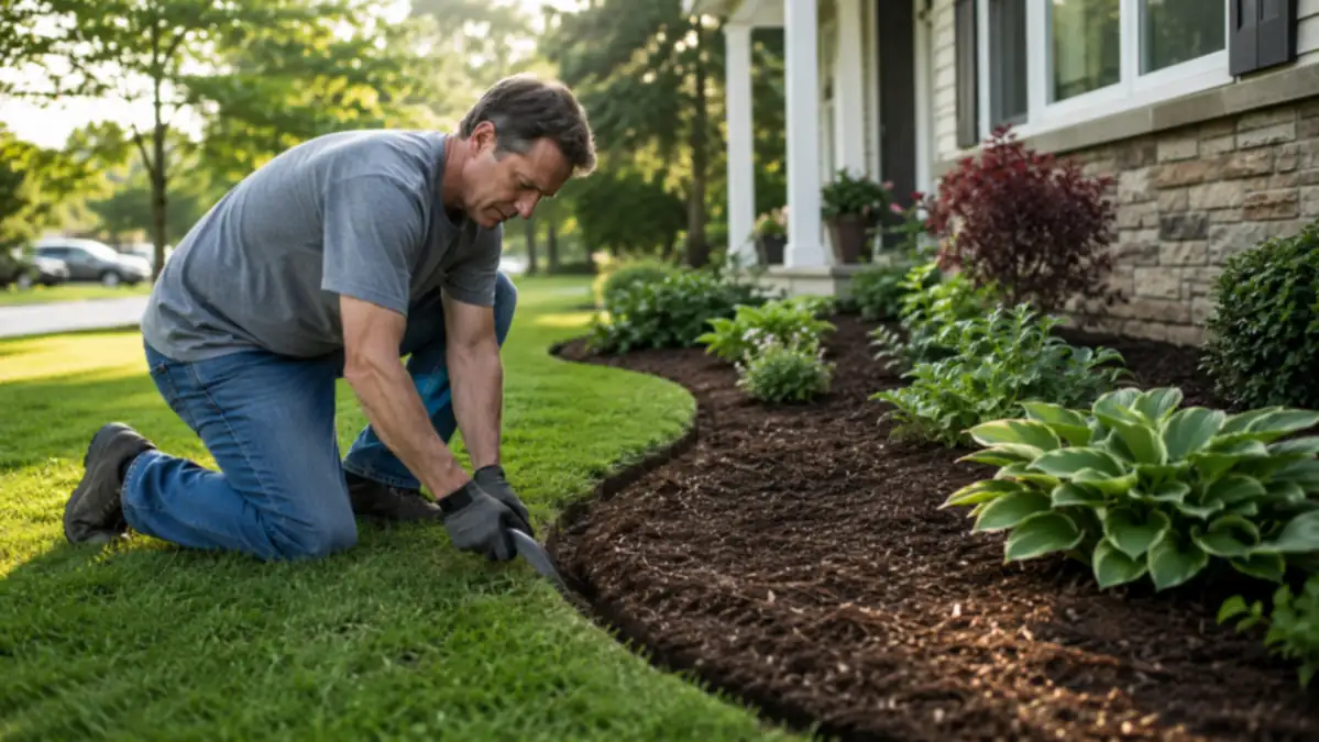 A crisp curved lawn edge running along a foundation planting bed in front of a suburban house