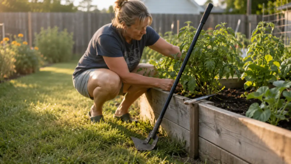 CKLT manual lawn edger leaning against a raised vegetable garden bed with a sharpening file resting nearby