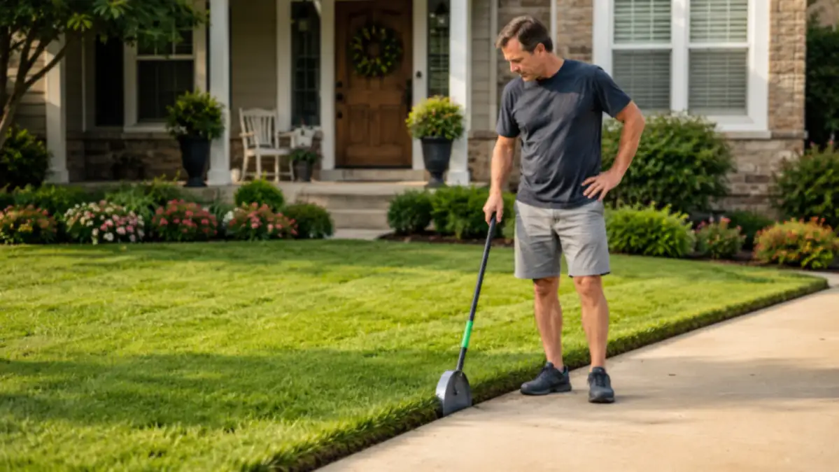 CKLT manual lawn edger standing upright in the grass beside a freshly cut border along a walkway
