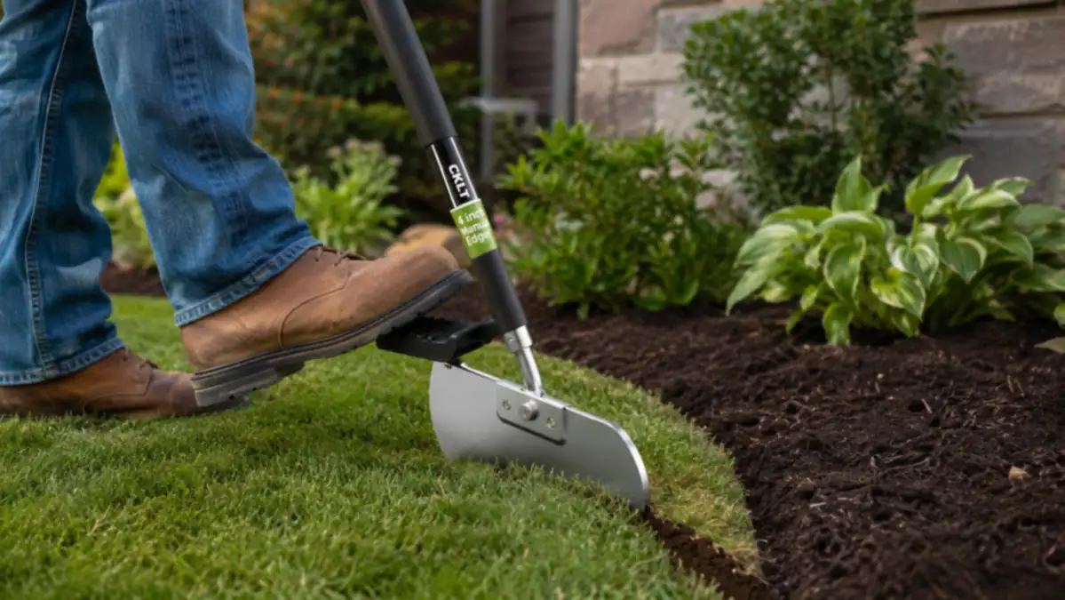 Homeowner's boot pressing down on the wide footplate of the CKLT manual edger, cutting a clean curved line along a flower bed
