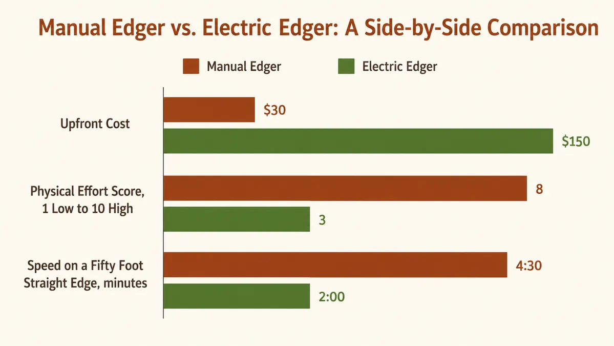 Bar chart comparing cost, physical effort, and speed on a long straight edge between the manual edger and the electric edger