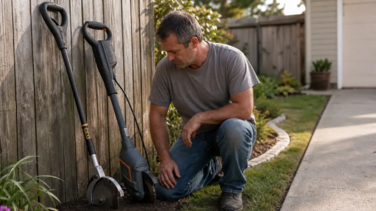 A manual half-moon lawn edger and a corded electric edger leaning side by side against a wooden fence next to a flower bed