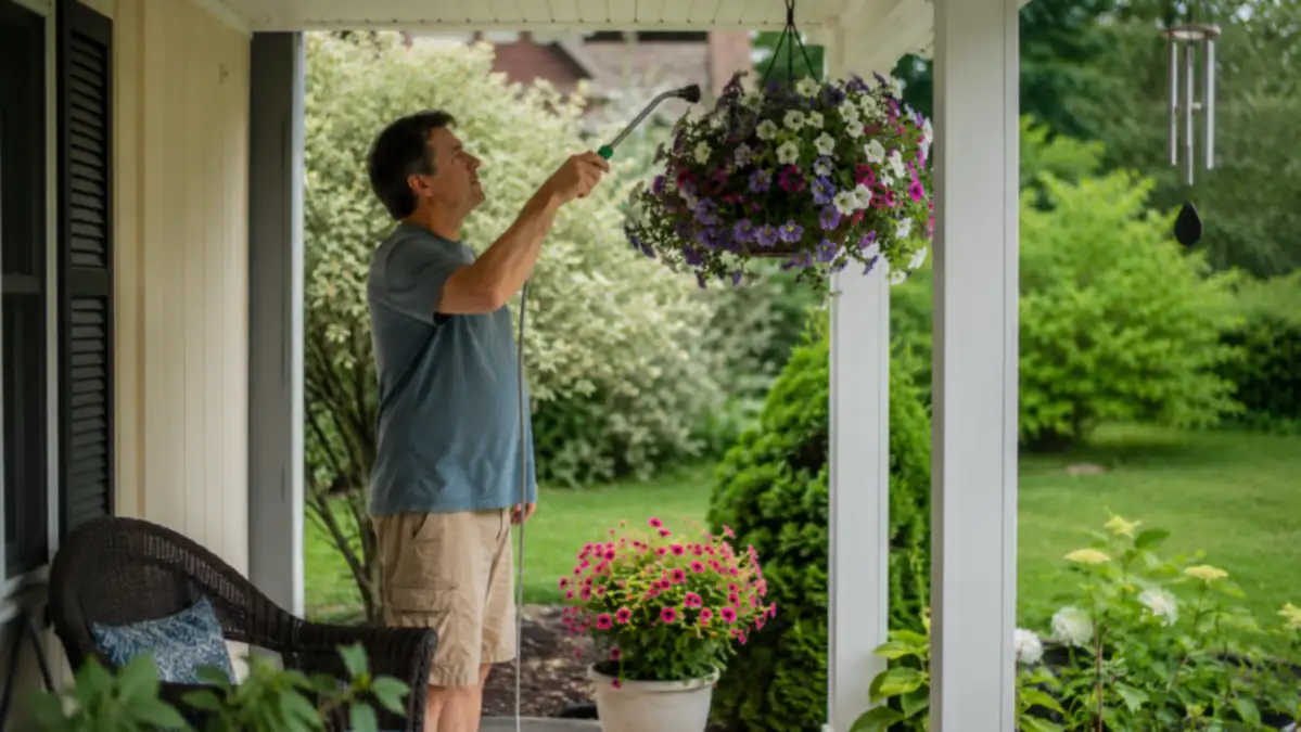 A homeowner watering a hanging basket of petunias from a standing position with a long watering wand