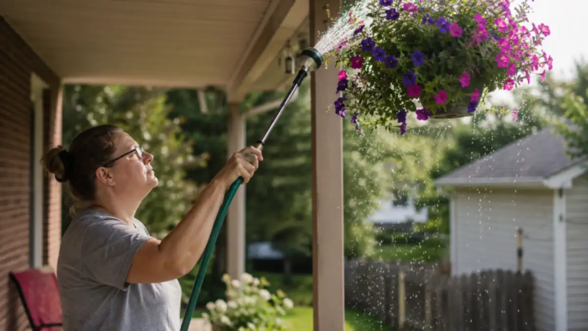 Green Mount 24-inch watering wand with stainless steel head watering a hanging basket of petunias on a porch