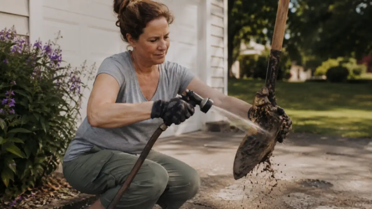 Homeowner using a plain garden hose nozzle to blast dried mud off a shovel blade on a concrete driveway