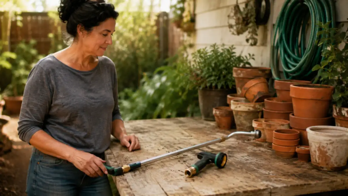 A long stainless steel watering wand and a compact garden hose nozzle laid side by side on a wooden potting bench