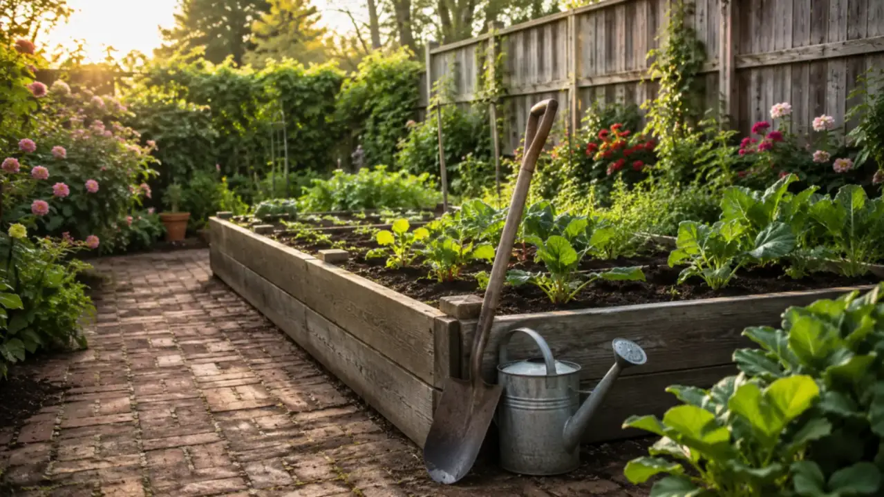 A tidy suburban back garden with raised beds, a gravel path, and well-kept hand tools resting against a potting bench