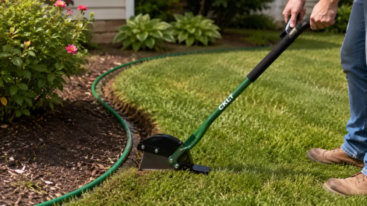A garden hose laid in a curve along a lawn bed to mark the edging line before cutting