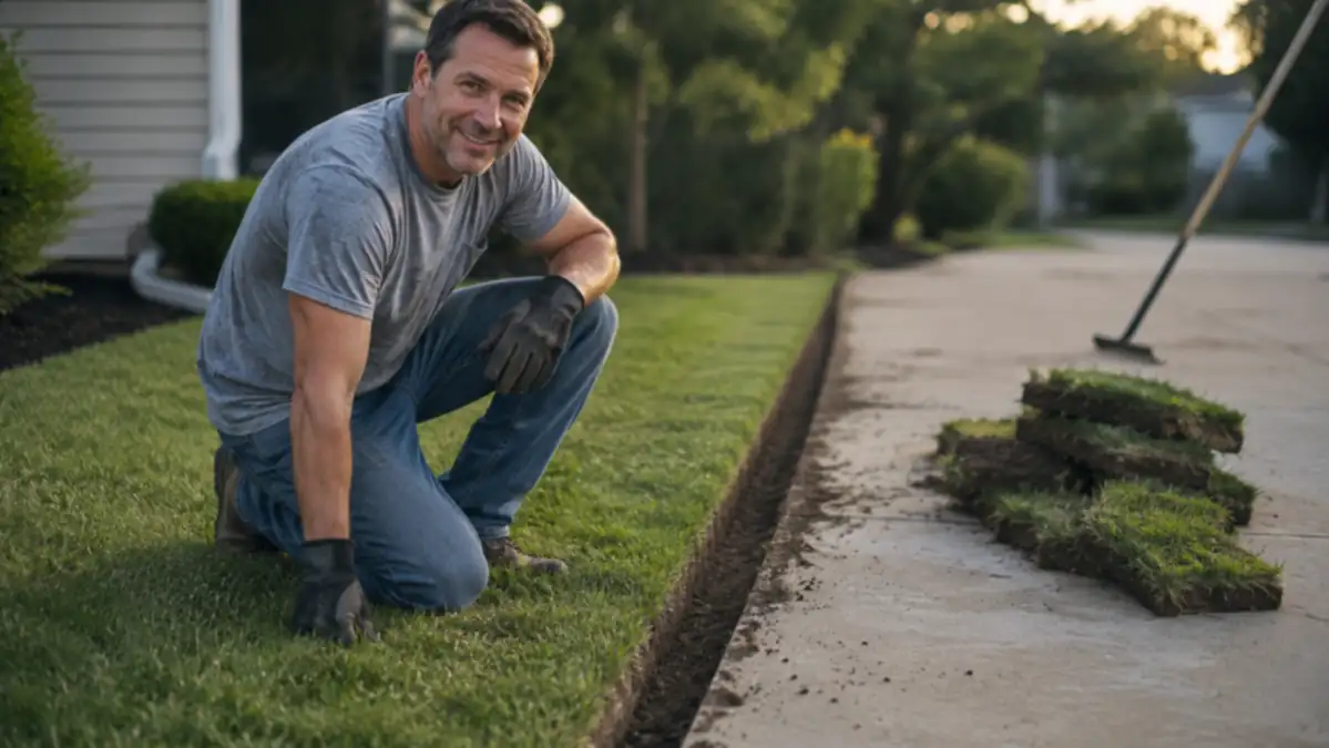 Finished straight lawn edge along a walkway with a small trench and loose sod cleared away