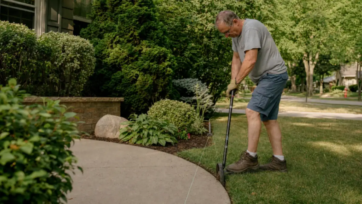 Homeowner using a manual half-moon edger to cut a straight line along a concrete walkway