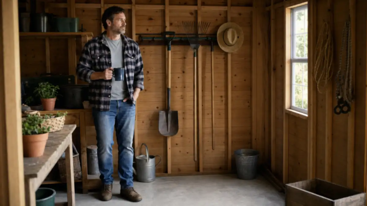 Small backyard shed interior with garden tools hung neatly on a wall-mount tool rack above a swept clean floor