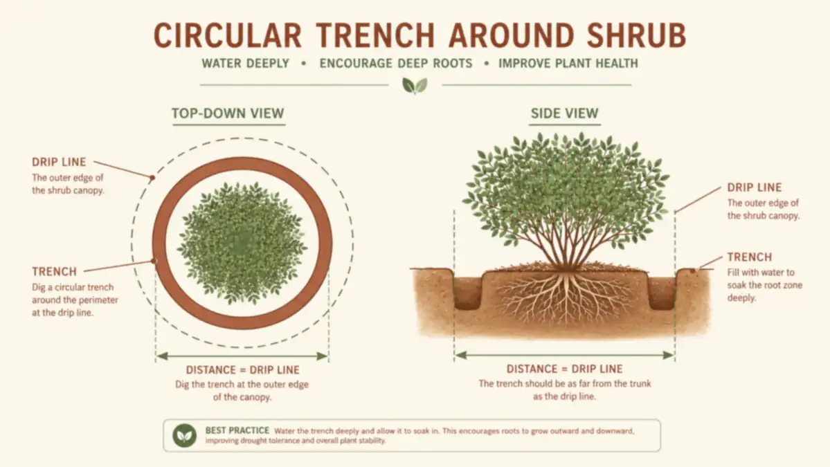 Diagram showing a shrub root ball with a labeled trench dug in a ring around it at drip line distance