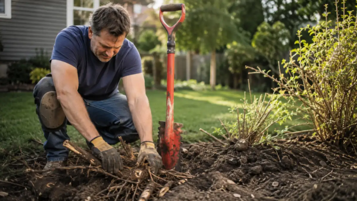 Homeowner kneeling beside a partially removed shrub, digging around a thick root ball with a red serrated shovel
