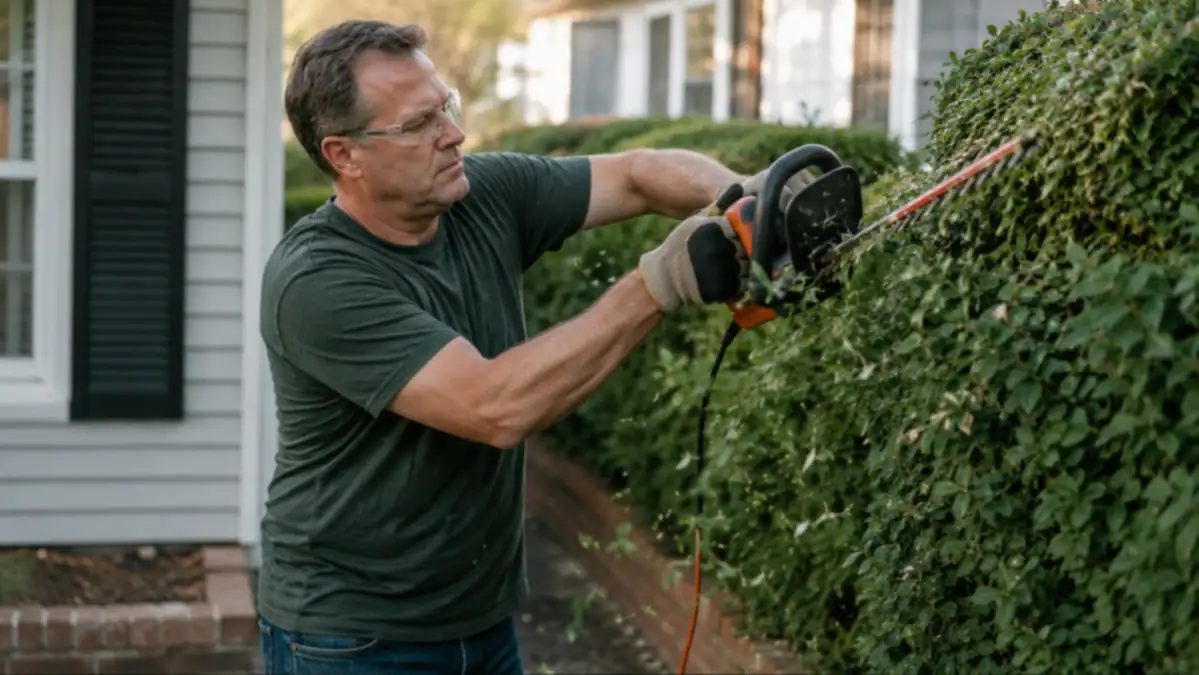 Homeowner shaping a tall, overgrown privet hedge with a cordless hedge trimmer on a sunny afternoon