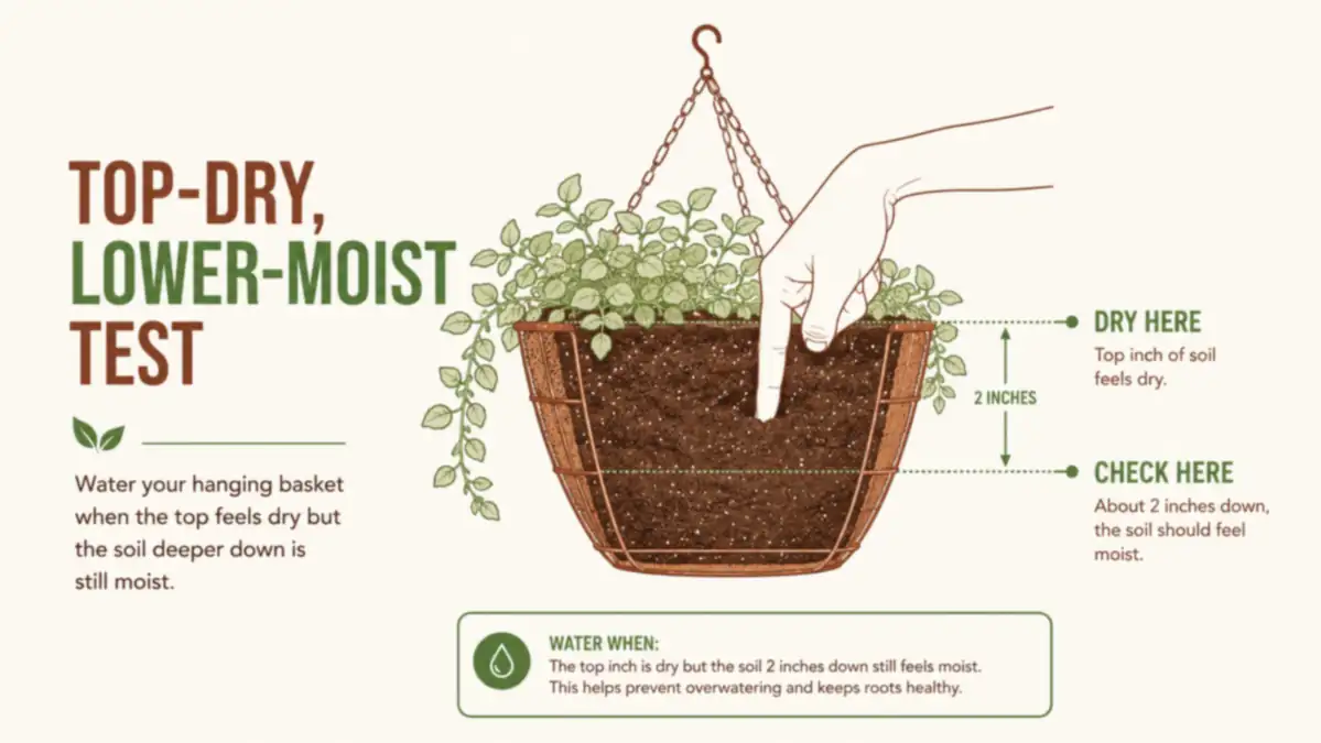 Diagram showing the finger test for checking soil moisture in a hanging basket at different depths