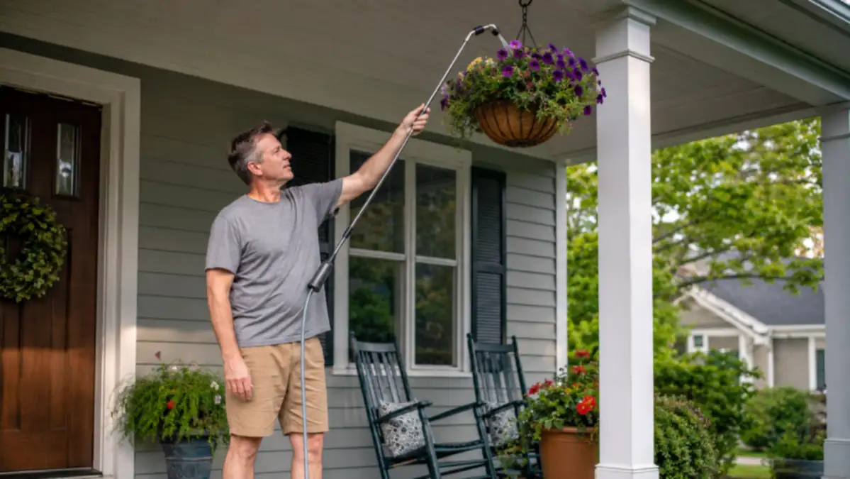 Homeowner standing on a porch reaching a long watering wand up into a hanging basket of petunias without a ladder