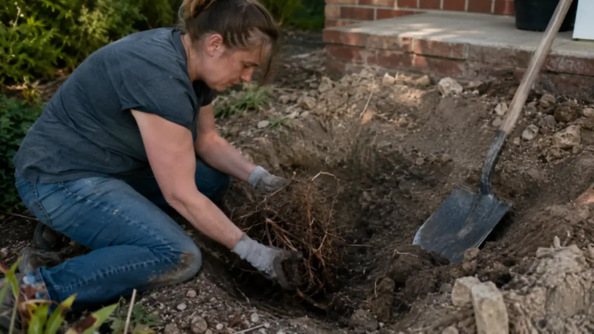 A root ball and loose rocky soil beside a fresh hole near porch steps