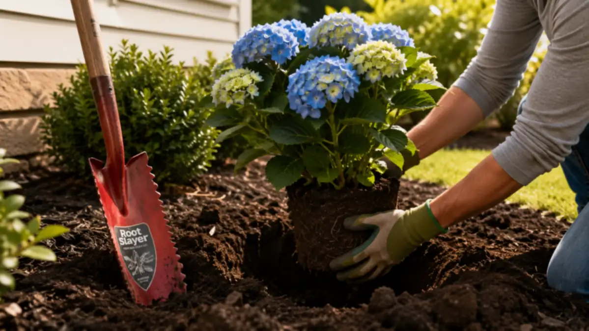 Homeowner setting a new hydrangea into the cleared planting hole