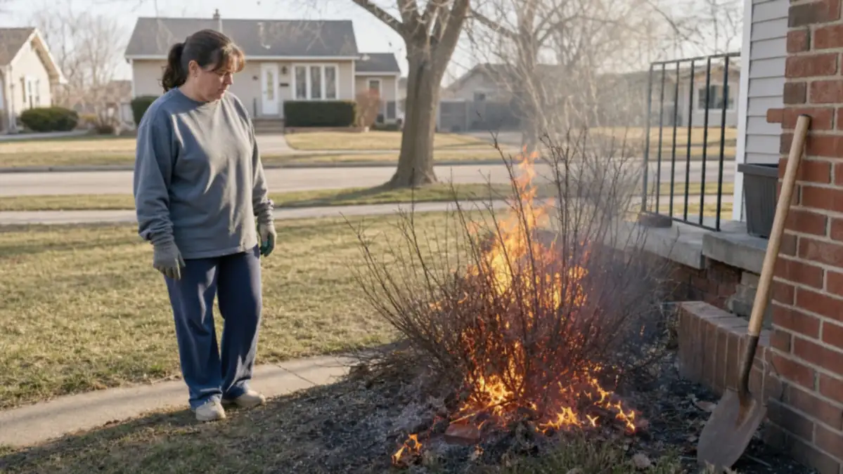 A dead burning bush shrub beside porch steps with a shovel leaning against it