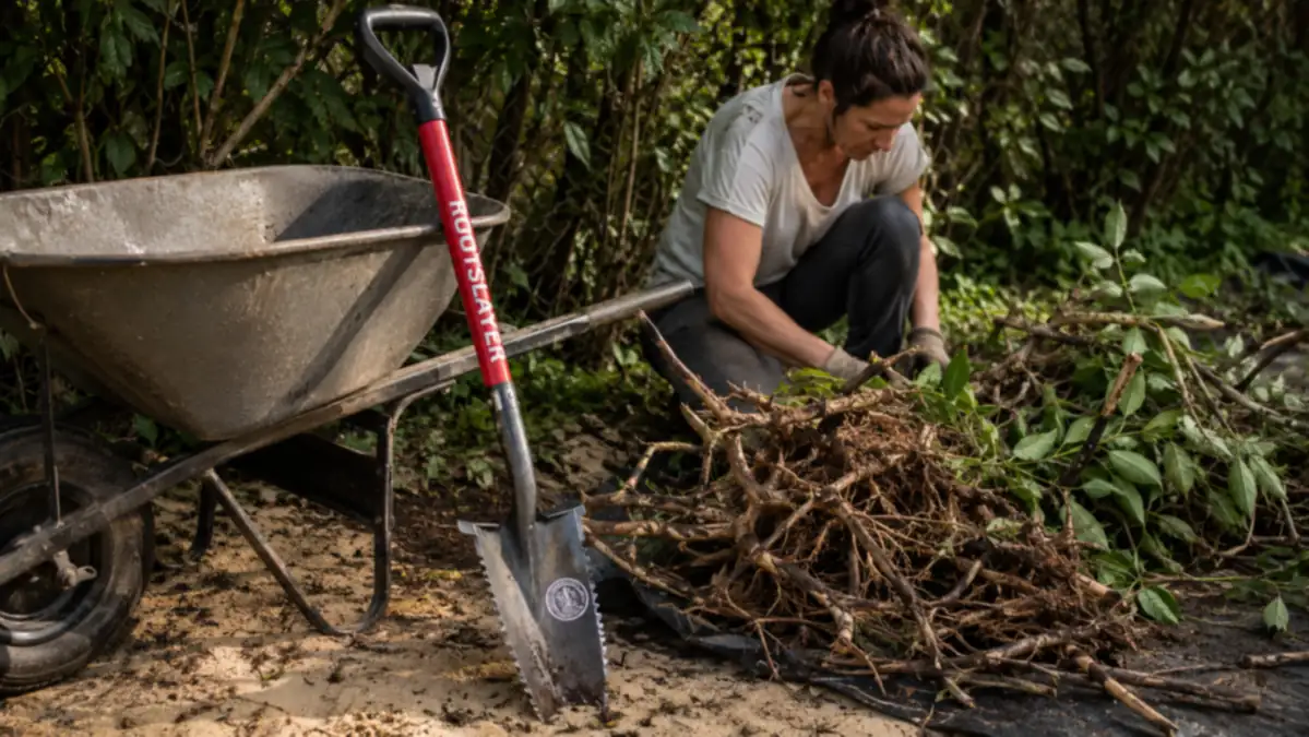 Root Slayer serrated garden shovel leaning against a wheelbarrow with dug-up privet roots piled beside it