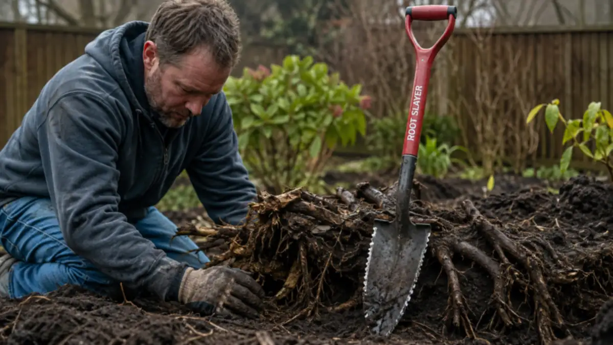 Root Slayer serrated garden shovel standing upright in freshly turned clay soil beside a partially dug root ball