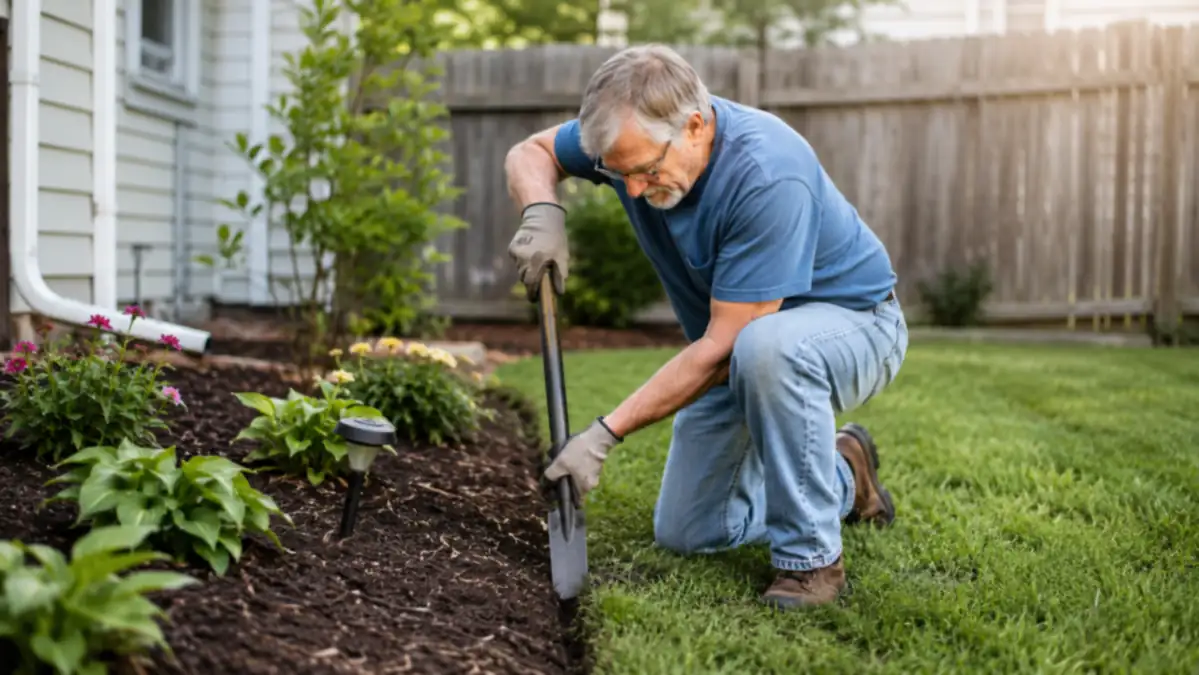 Older homeowner using a plain garden spade to cut a clean straight edge along a lawn border