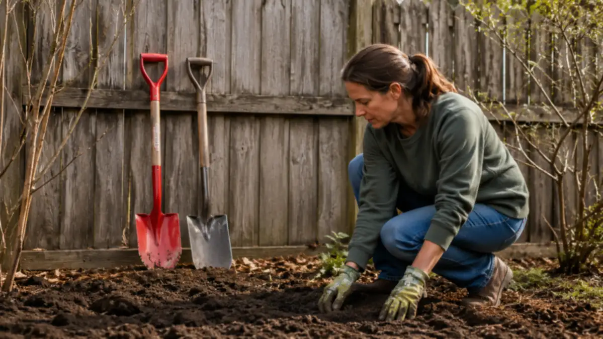 A red serrated Root Slayer shovel and a plain flat garden spade leaning against a wood fence in a backyard garden bed
