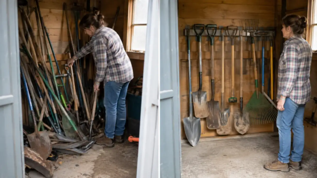 Side by side of a cluttered shed floor with fallen tools and the same shed with tools organized on a wall rack
