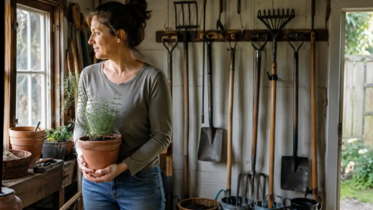 A tidy garden shed interior with tools hanging in a neat row on a wall-mounted rack