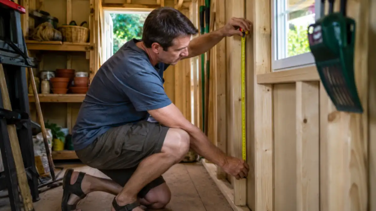 Homeowner measuring a narrow shed wall with a tape measure before mounting a tool rack