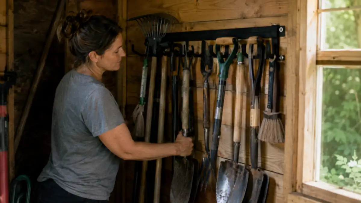 A narrow six by eight garden shed wall with a StoreYourBoard tool rack mounted close to the corner, tools hanging in a tight row