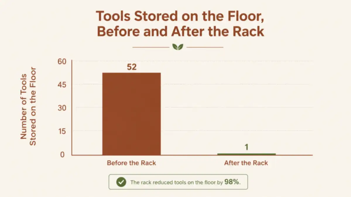 Chart showing shed floor clutter before and after installing the wall-mounted tool rack