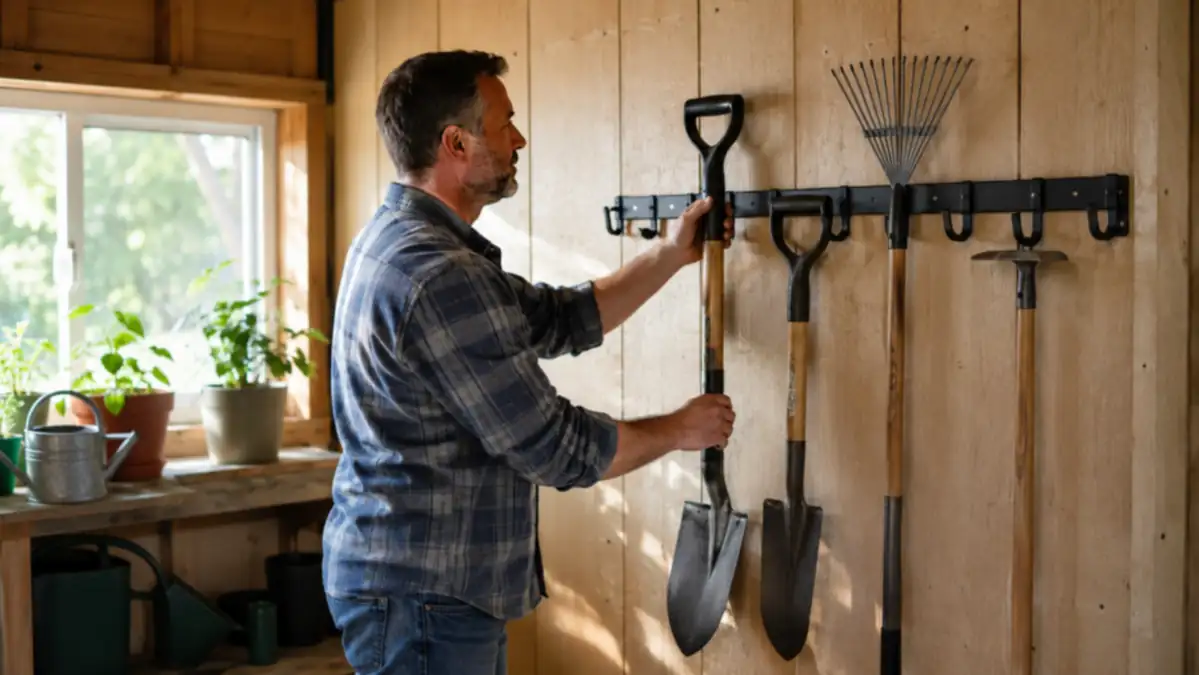 StoreYourBoard 36-inch wall-mounted tool rack holding shovels, rakes, and a hoe in an organized garden shed
