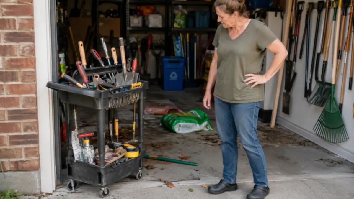 A freestanding tool caddy tipped slightly on its side casters near a garage doorway