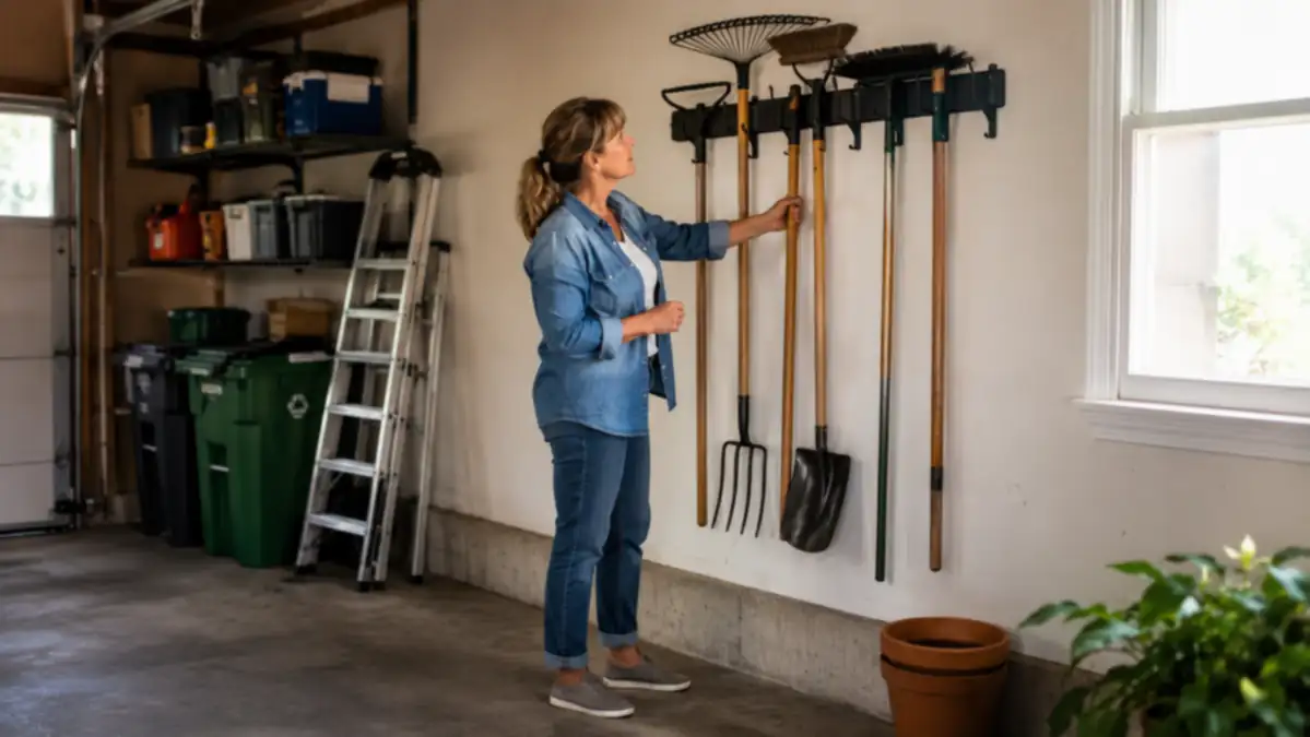 A wall-mounted garden tool rack holding a shovel, rake and hoe next to an empty patch of garage floor where a freestanding caddy used to sit