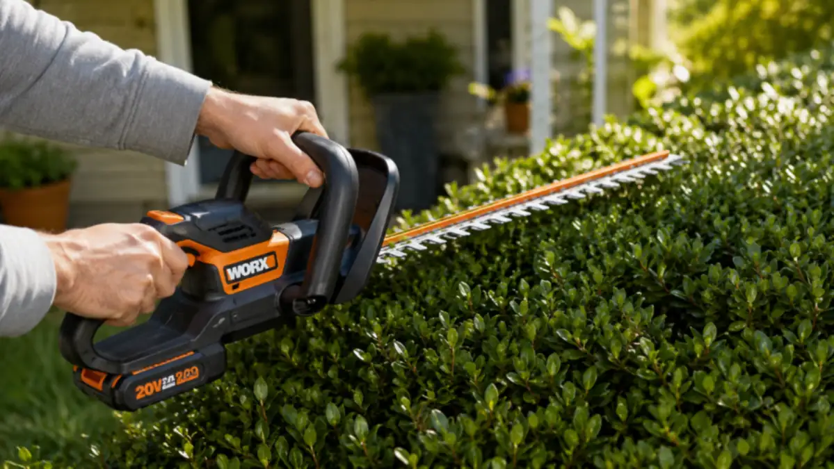 Close-up of hands holding a cordless hedge trimmer with dual-action blades against a hedge