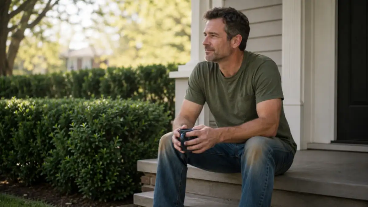 A homeowner relaxing on a porch step with a cup of coffee, hedge trimmer set aside, freshly trimmed hedge in the background