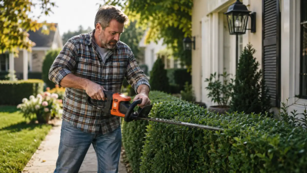 A homeowner trimming a boxwood hedge along a front walk on a sunny Saturday morning