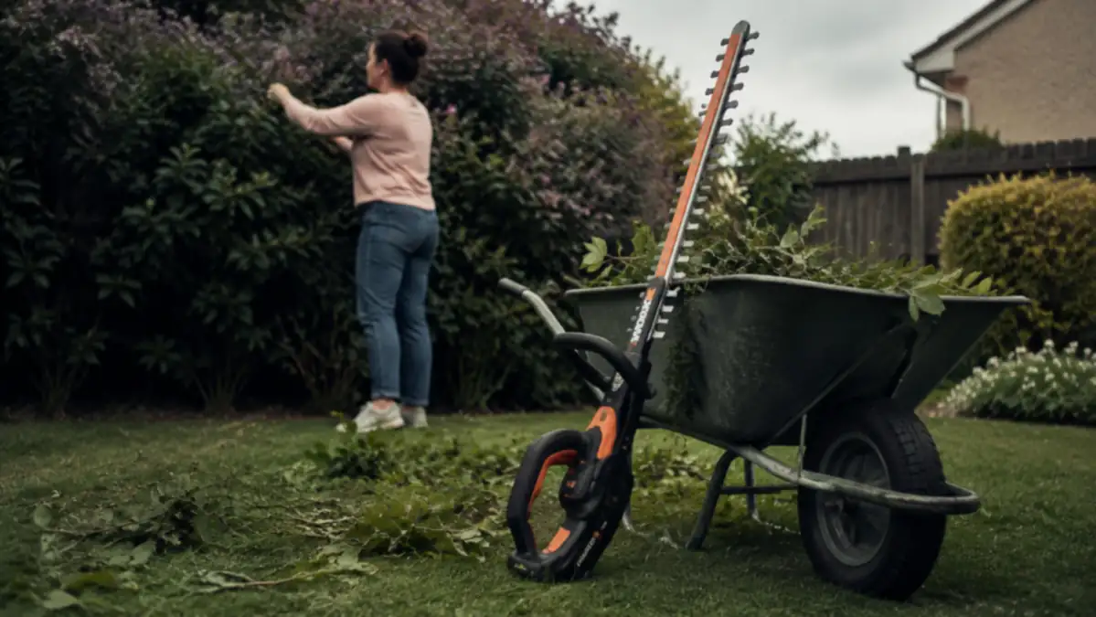 WORX cordless hedge trimmer leaning against a wheelbarrow with a pile of hedge clippings nearby