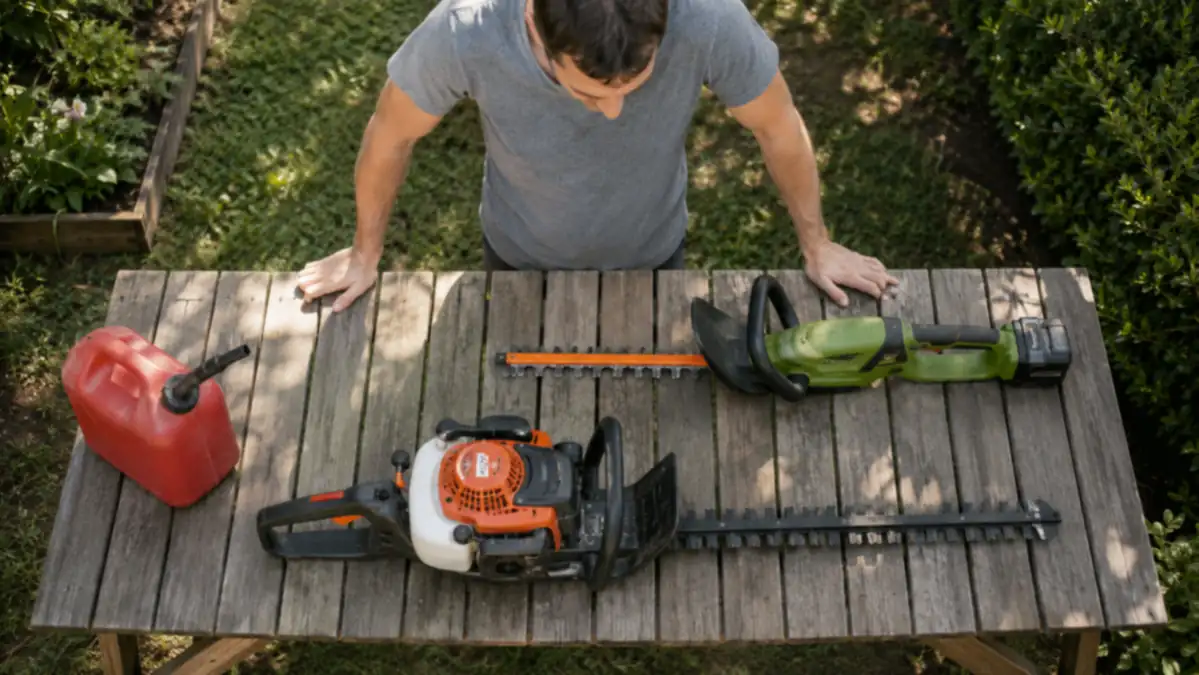 A cordless hedge trimmer and a gas hedge trimmer laid side by side on a garden bench